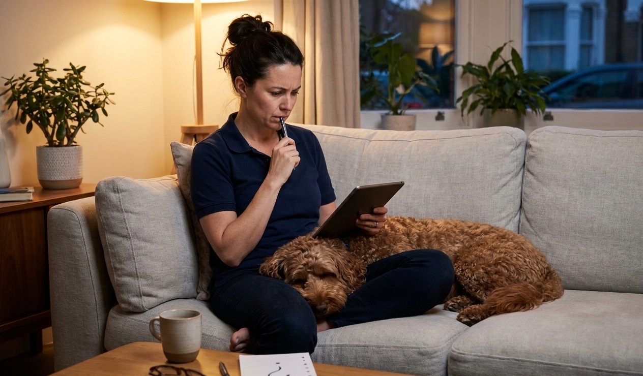 Hundephysiotherapeutin sitzt abends mit Tablet und Stift nachdenklich auf dem Sofa, ihr Hund liegt neben ihr