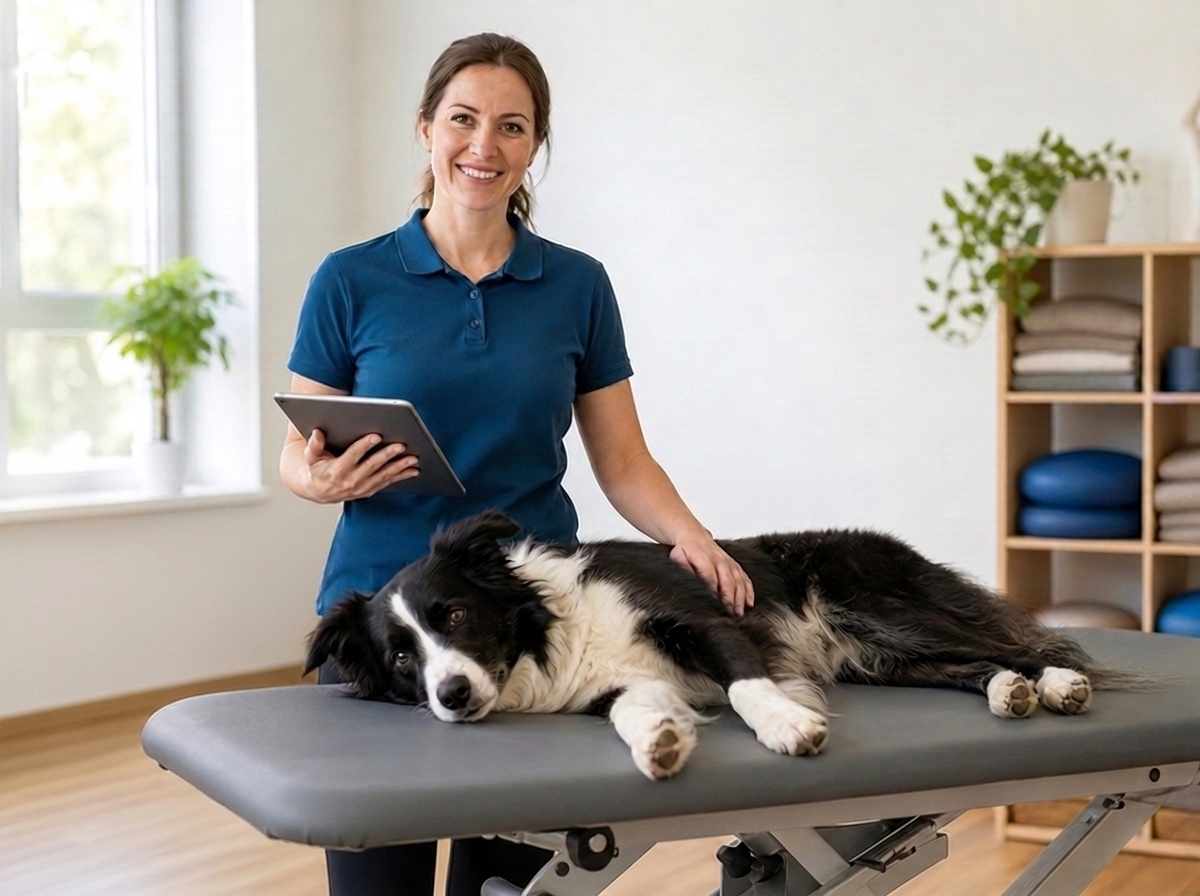 Hundephysiotherapeutin steht mit Tablet in der Hand neben einem entspannten Hund auf der Behandlungsliege ihrer modernen Praxis