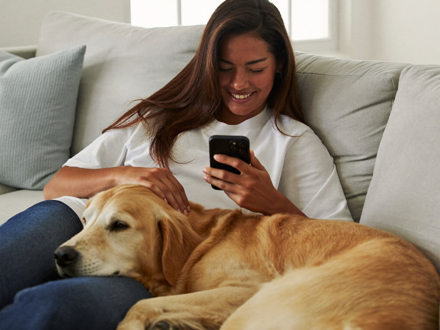 Kundin sitzt entspannt mit ihrem Hund auf der Couch und liest lächelnd eine E-Mail auf dem Handy