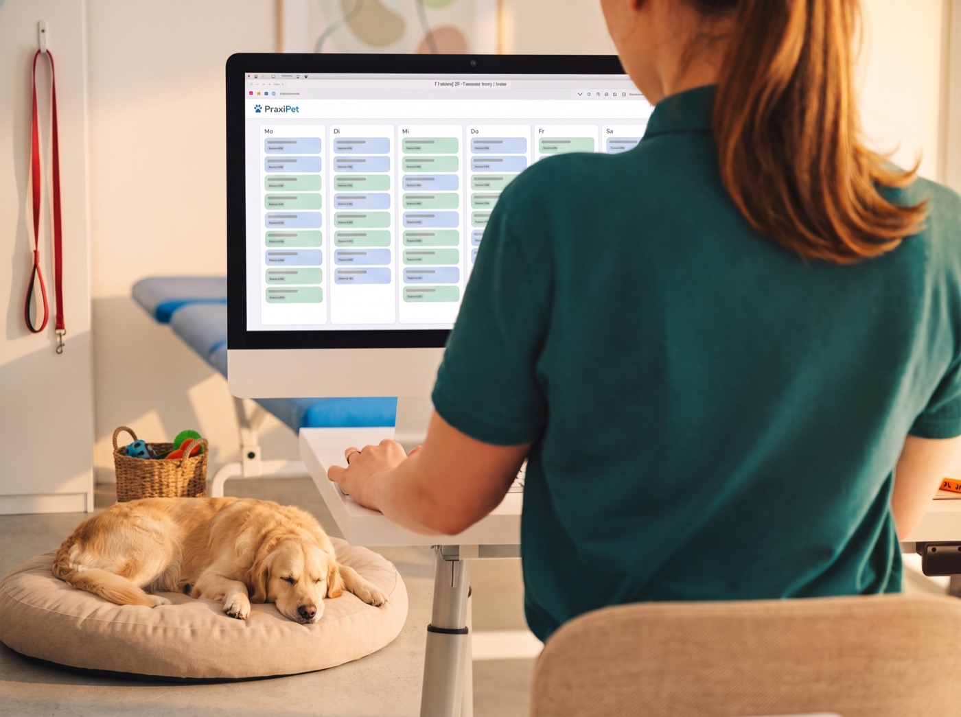 Hundephysiotherapeutin sitzt in ihrer Praxis am Rechner mit geöffnetem PraxiPet-Kalender, ihr Hund döst daneben auf dem Kissen